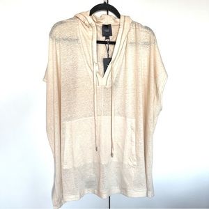 Lysse Linen Top L XL Cream Hooded Short Sleeve Lounge Semi-Sheer Shirt NEW